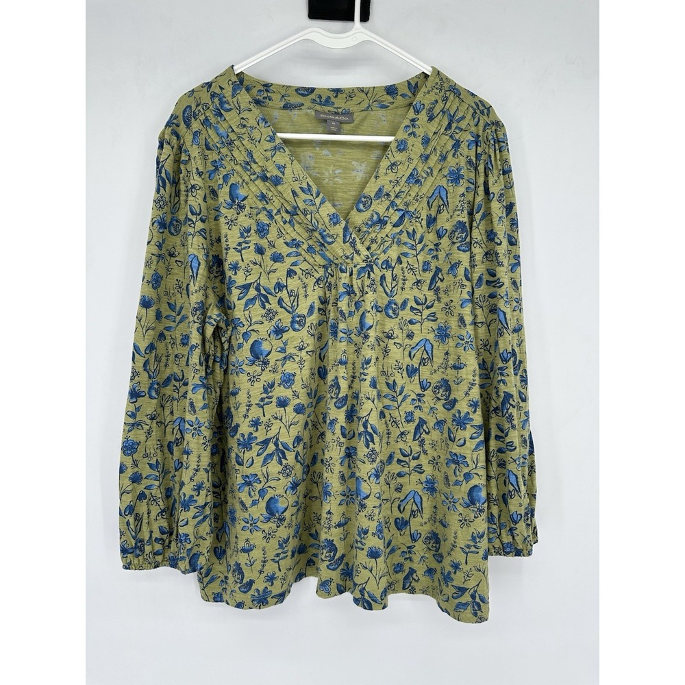 Style&Co Women’s Cotton Blend Green Floral Blouse XL Puff Sleeve Cottagecore